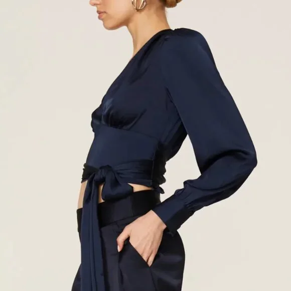 marissa webb Satin Tie Waist Blouse in blue size 2